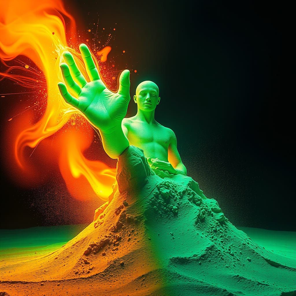 Neon Sand Figure Emerges in Cosmic Graffiti Style