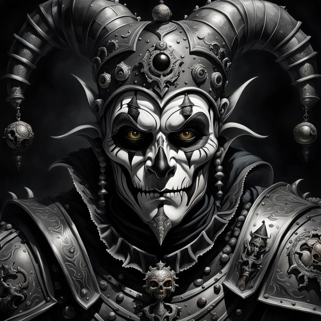 Demented Jester in Knight Armor: Noir Horror Portrait