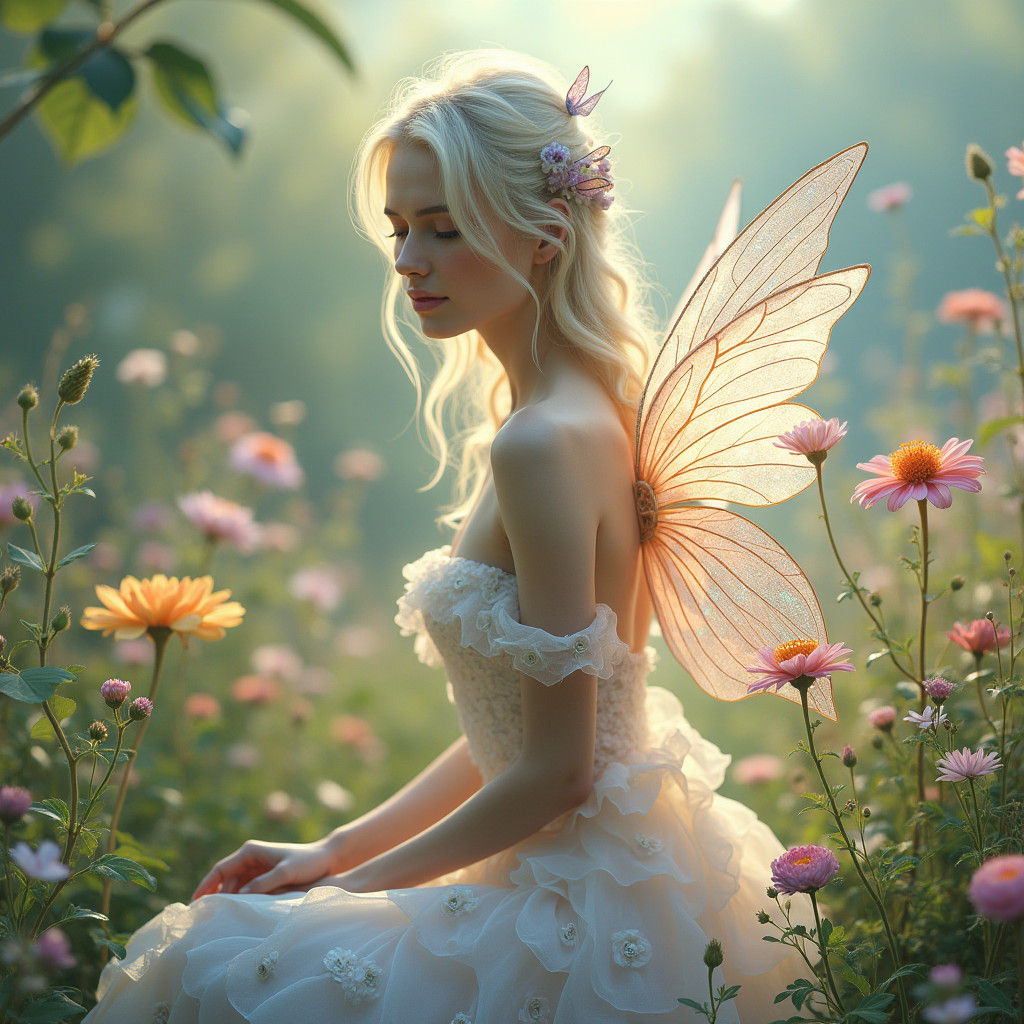 Ethereal Woman with Wings in Floral Landscape