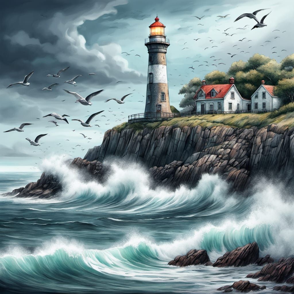 Lighthouse Seascape in Detailed Pencil Sketch Style