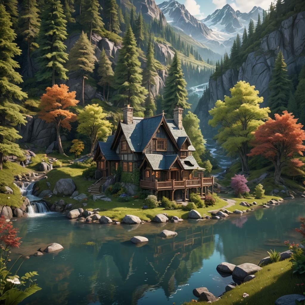 Cottagecore House in Forest with Mountain View