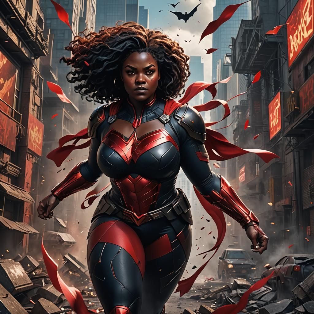 Plus-Size Black Superhero Woman in Detailed Matte Painting