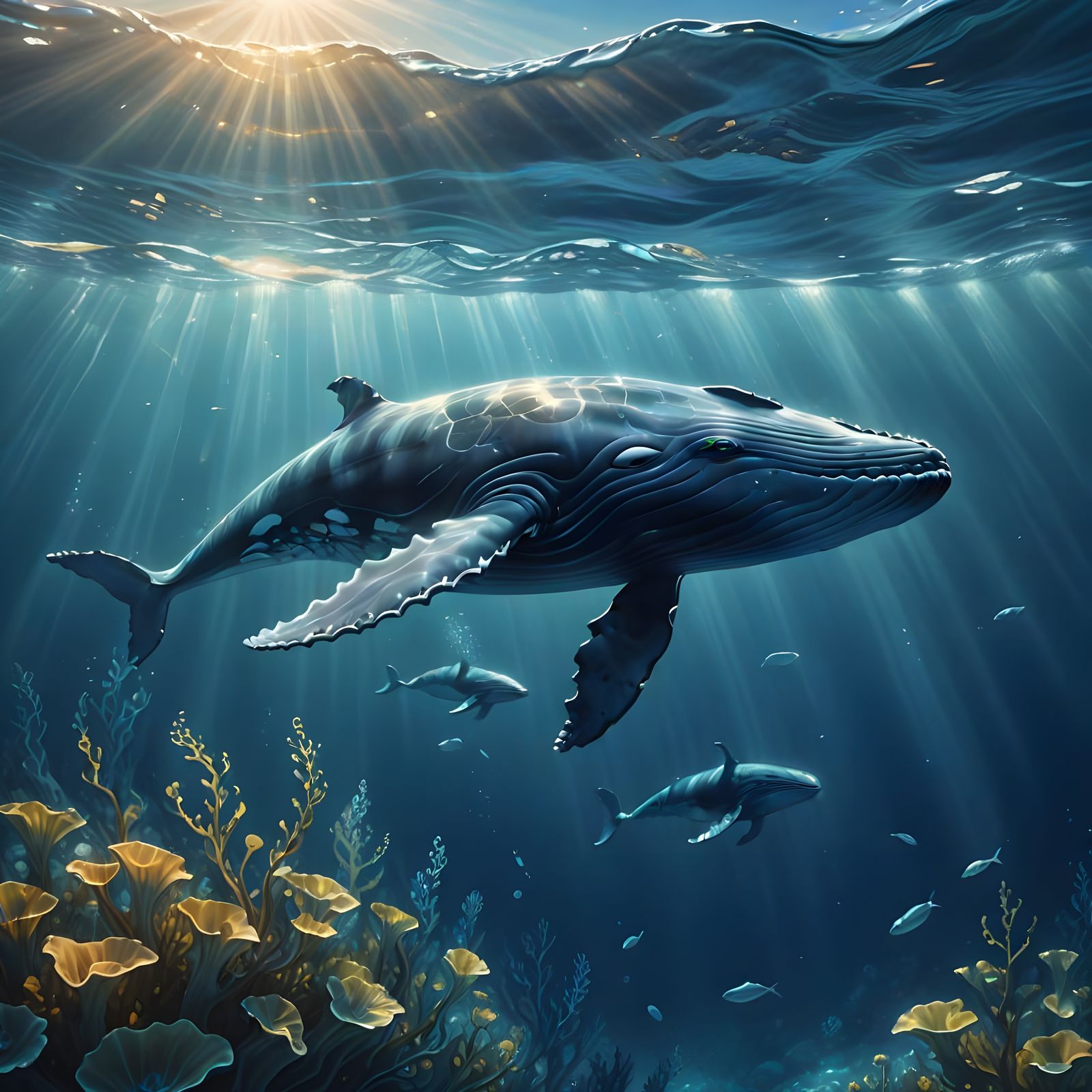 Whale and Calf Gliding Underwater in Sunlight