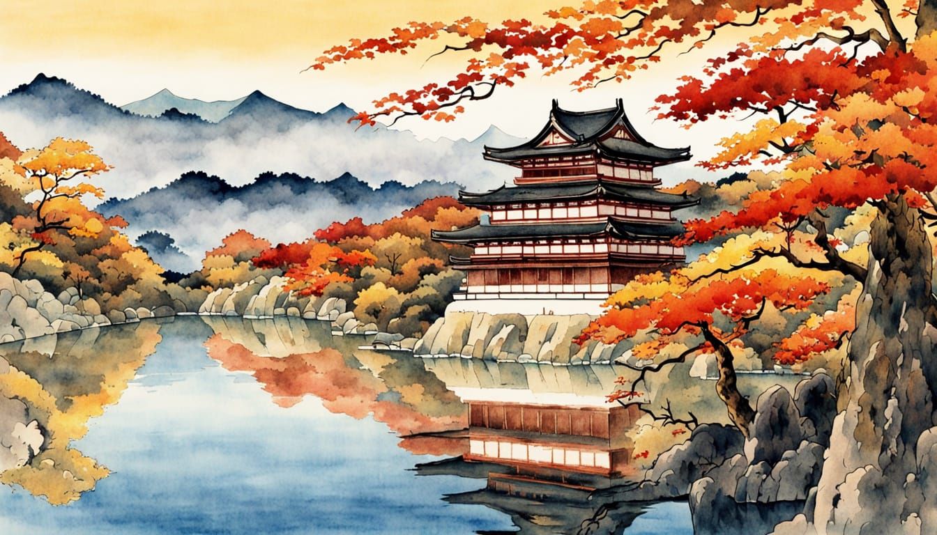Edo Castle Ruins in Autumn: Neo-Ukiyo-e Watercolor