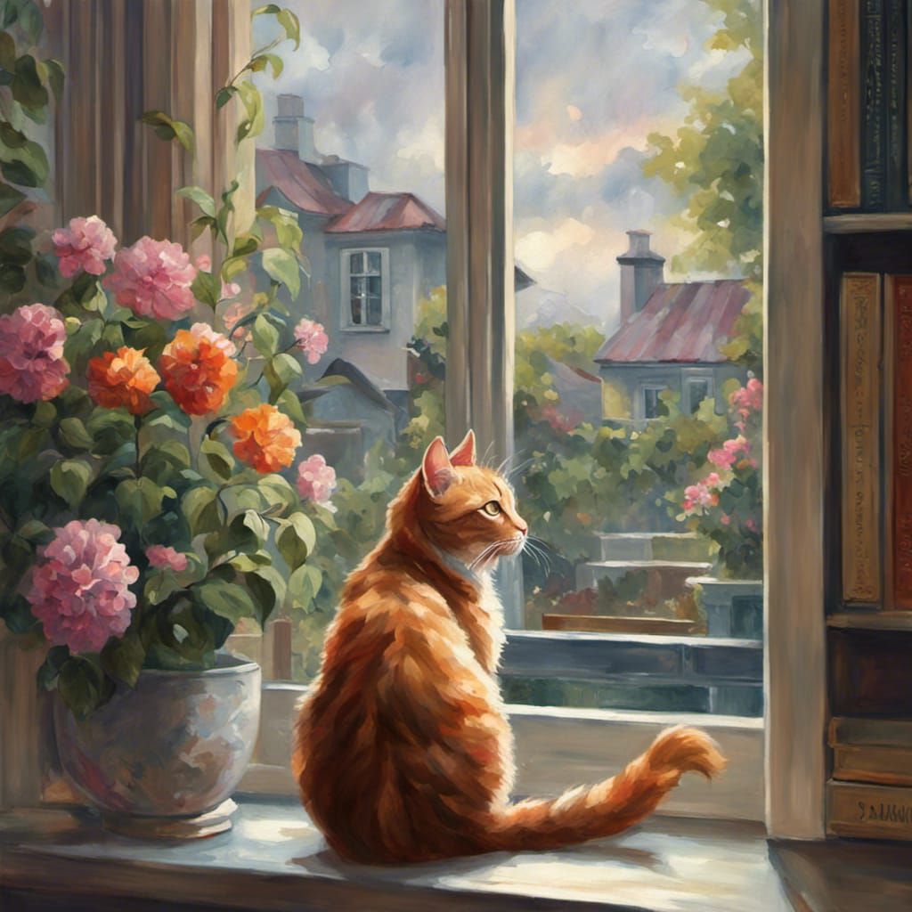 Regal Cat Gazing at Garden, Corner Window View