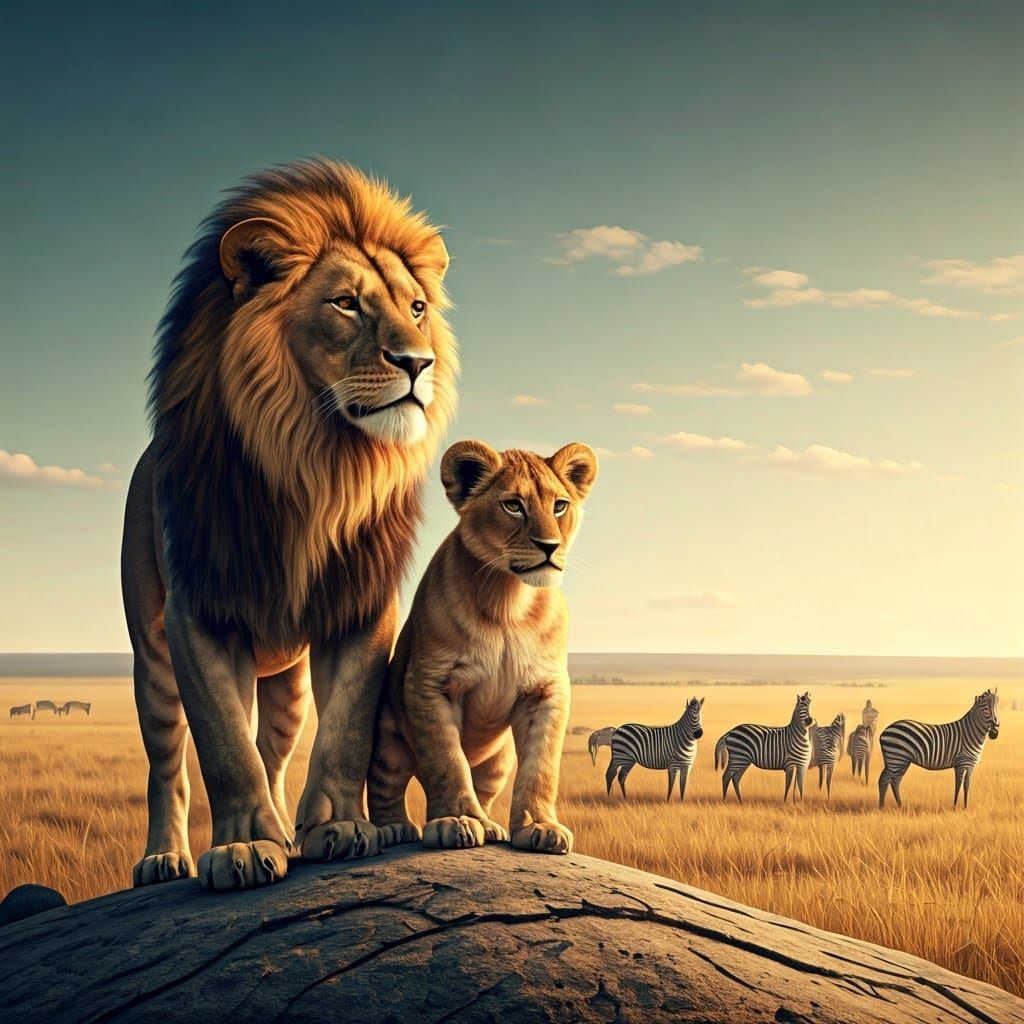 Regal Lion Family Roams the African Savannah in Golden Light