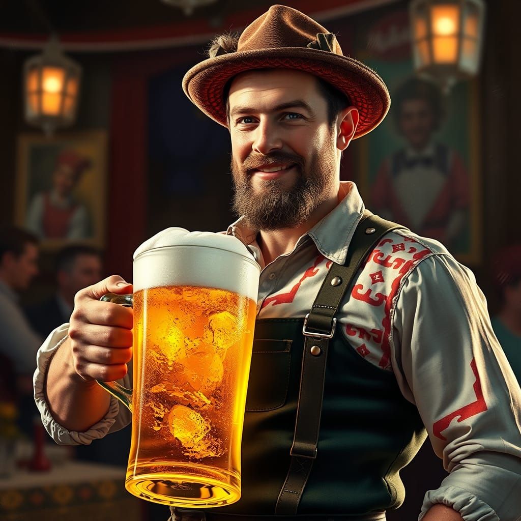 Bavarian Man with Beer in Hyperrealistic Style