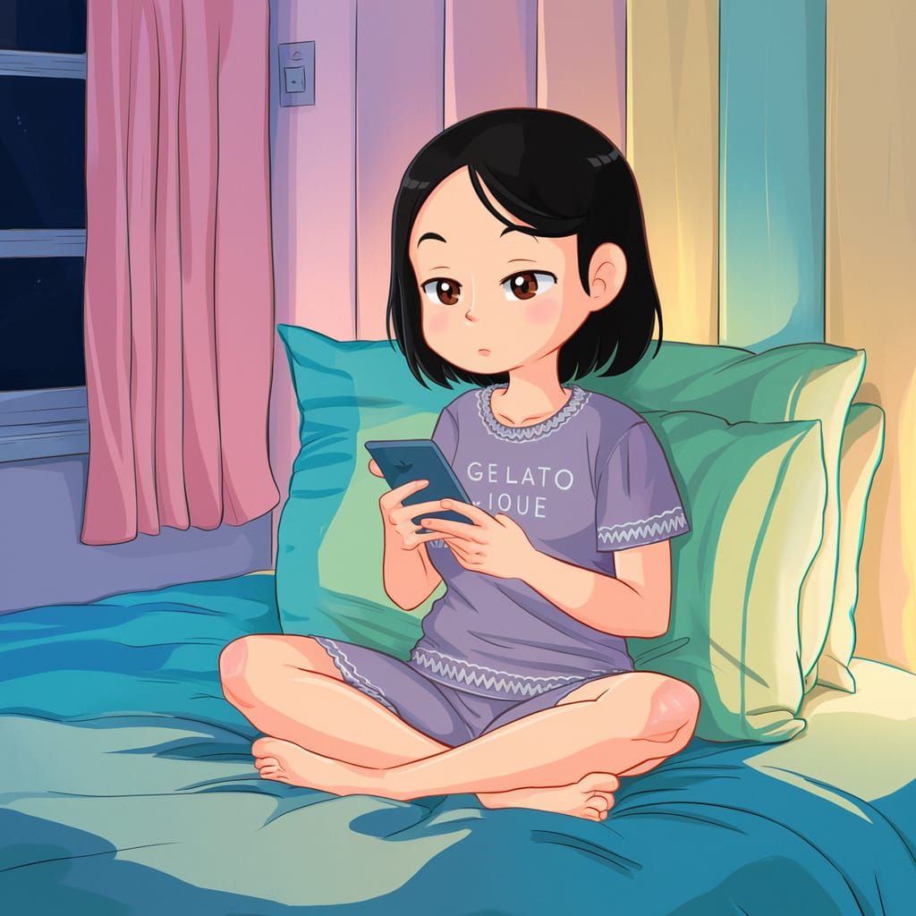 Cozy Anime Woman in Bed Looking at Cellphone