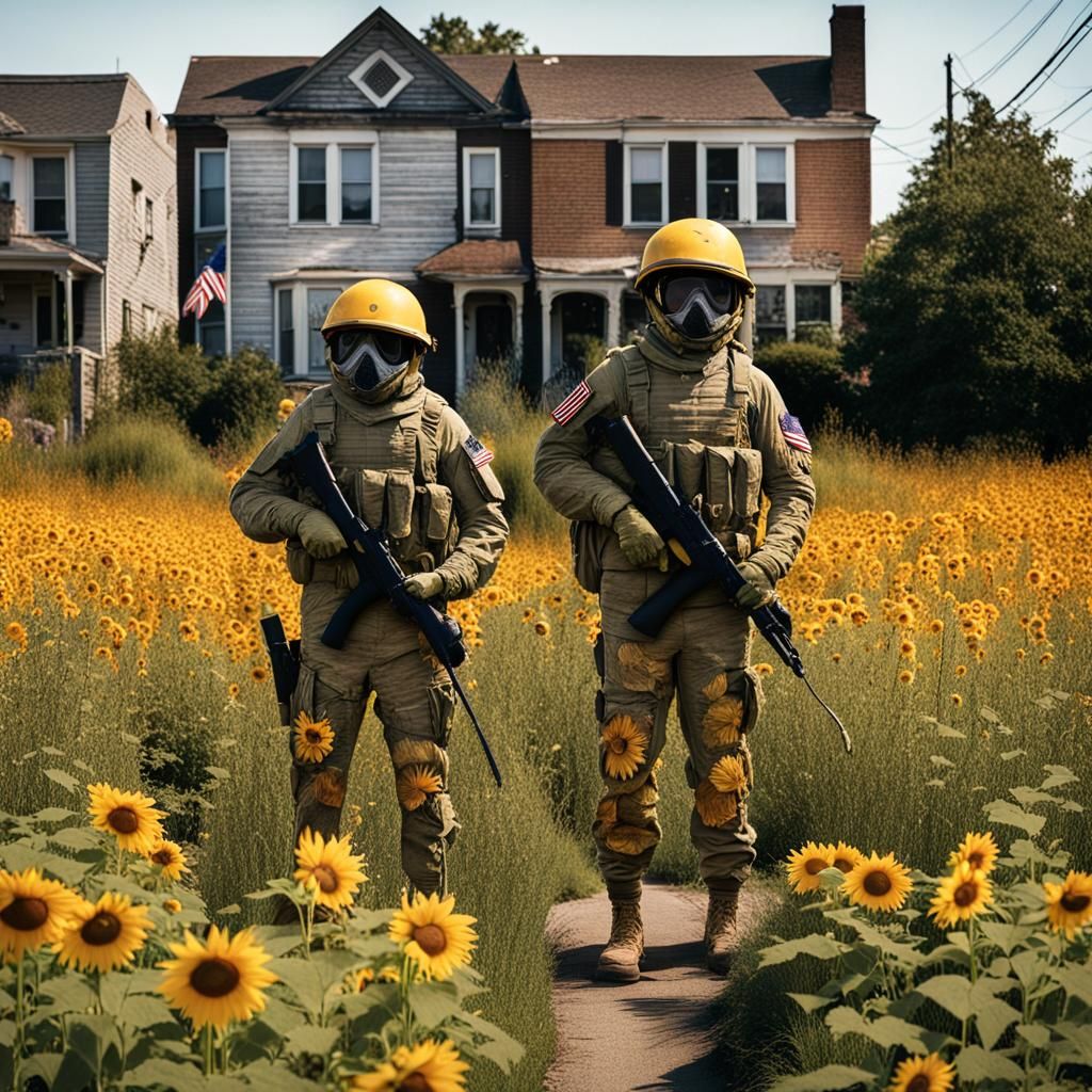 Surreal Sunflower Seed Soldiers in Overgrown Suburbia