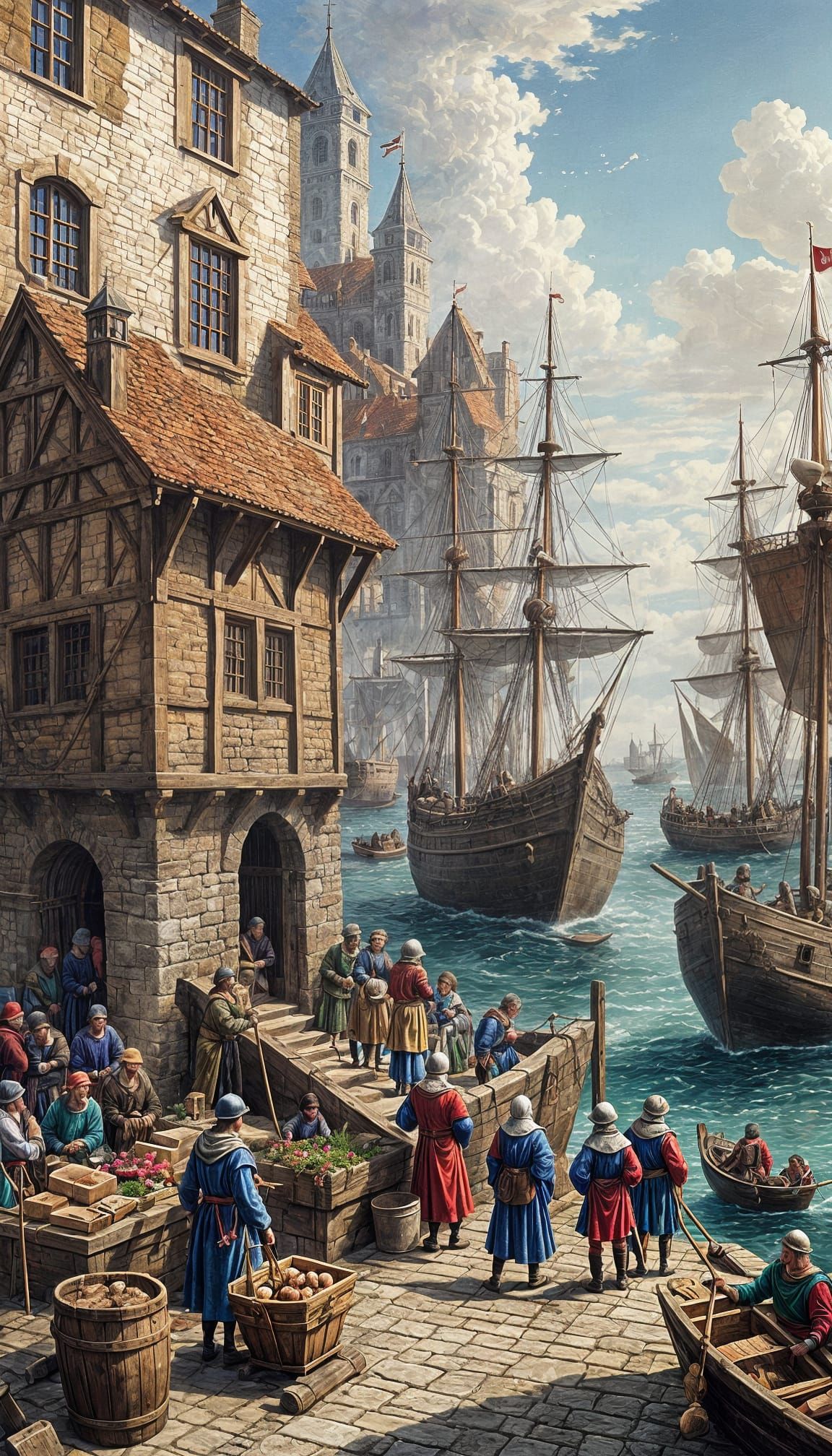 Medieval Sea Port Bustling with Activity in a 3D Rendered St...