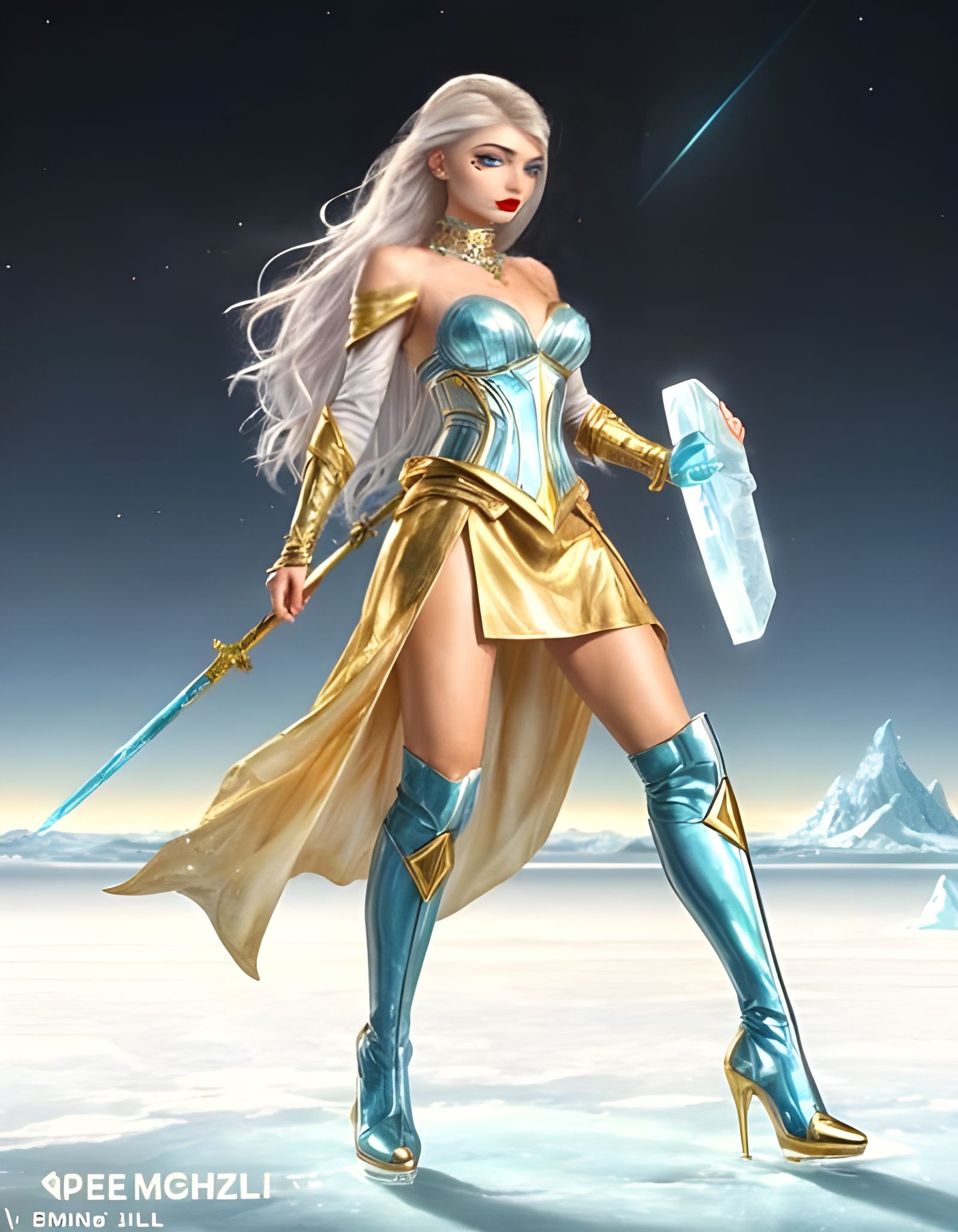 Ethereal Ice Queen in Glacial World at Sunrise