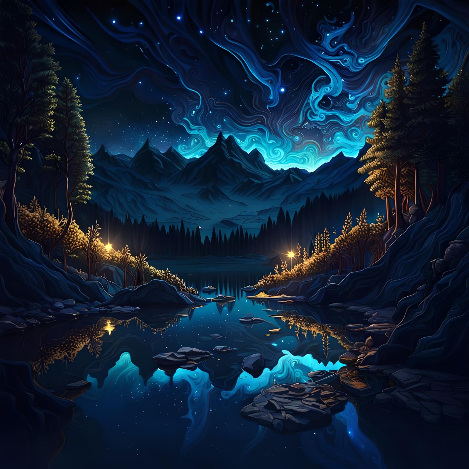 Stars reflected on a hidden lake