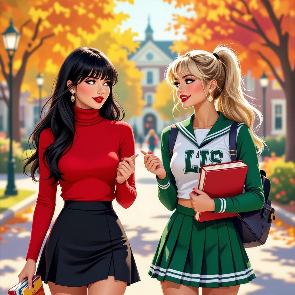 Two Young Women Chatting on Campus in Neon Style