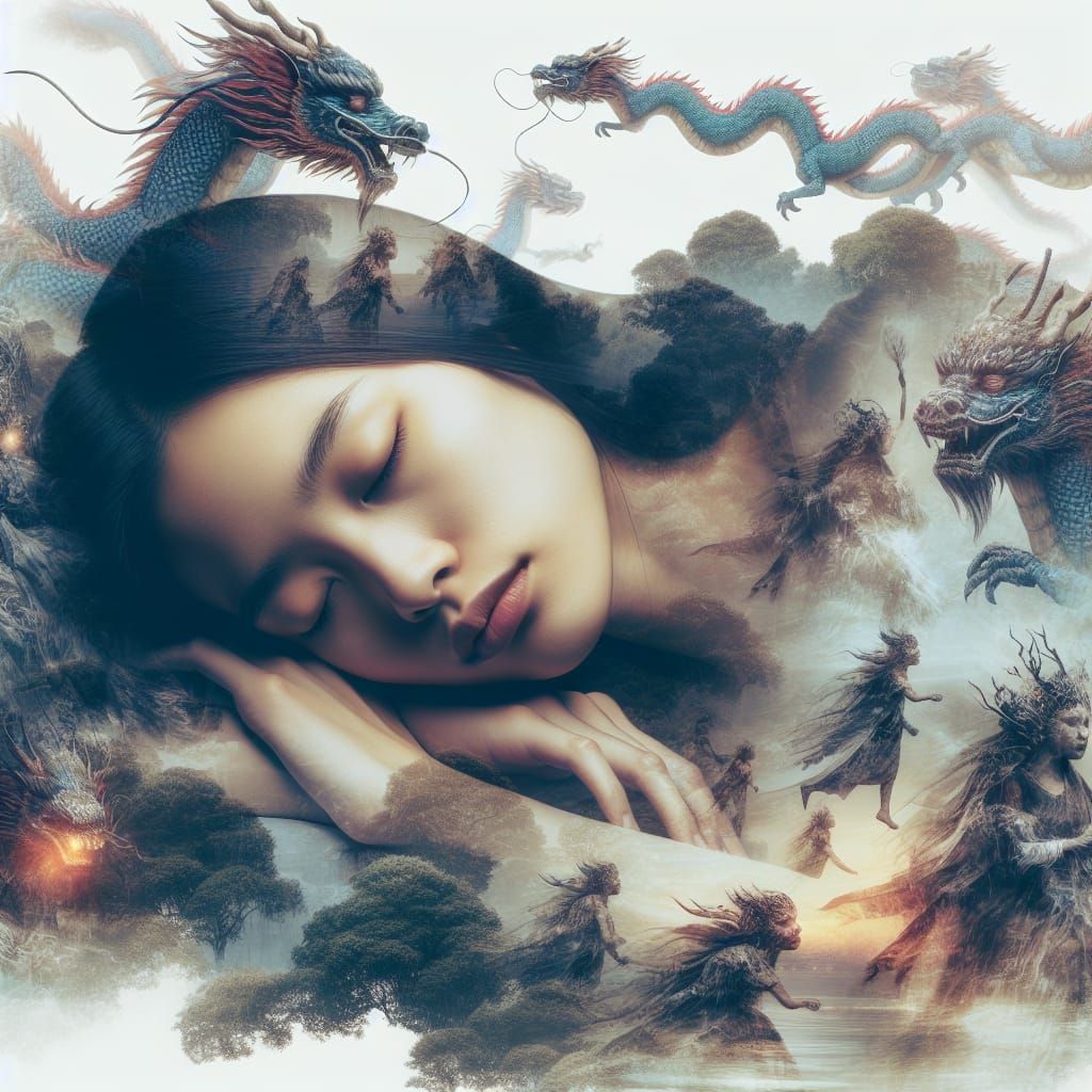 Dreamworld Double Exposure with Dragons and Fairies