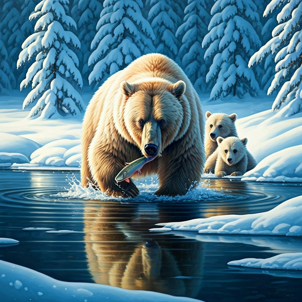 White Bear Fishing in Winter River, Watercolor Style