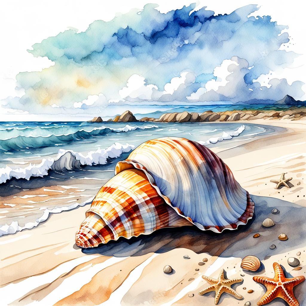 Seashell on the Beach: A Digital Watercolor Sketch