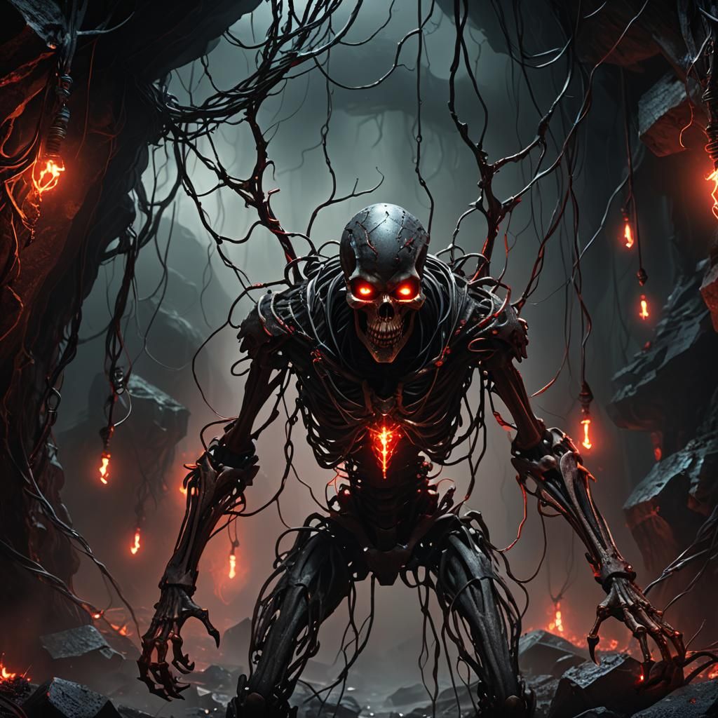 Necrotic Warforged in Dark Cavern: Digital Concept Art