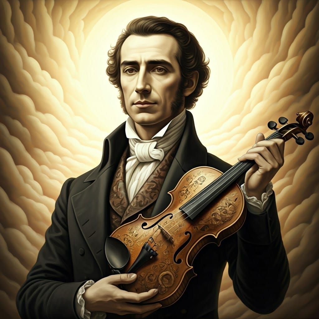 Paganini and His Cursed Violin in Pre-Raphaelite Style