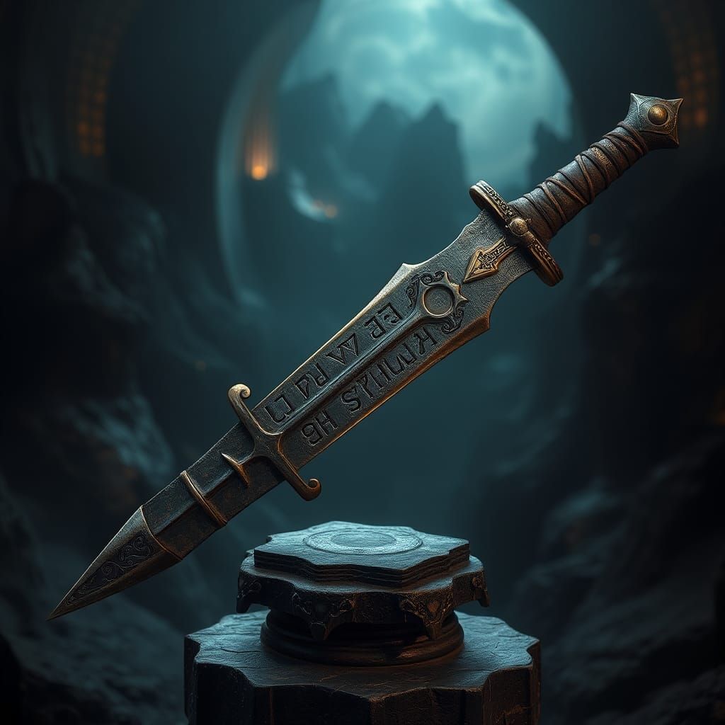 Mystical Ancient Sword on Pedestal, Detailed Render