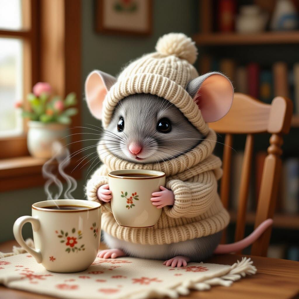 Mouse Sipping Coffee in Whimsical Storybook Scene