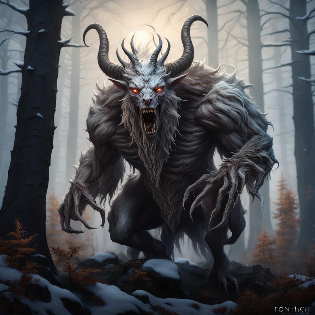 Eldritch Wendigo Horror in Snowstorm