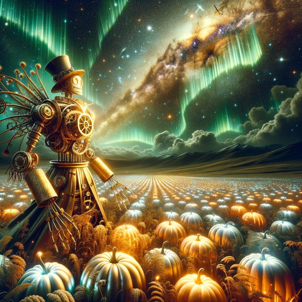 Steampunk Scarecrow in Crystal Pumpkin Field with Aurora