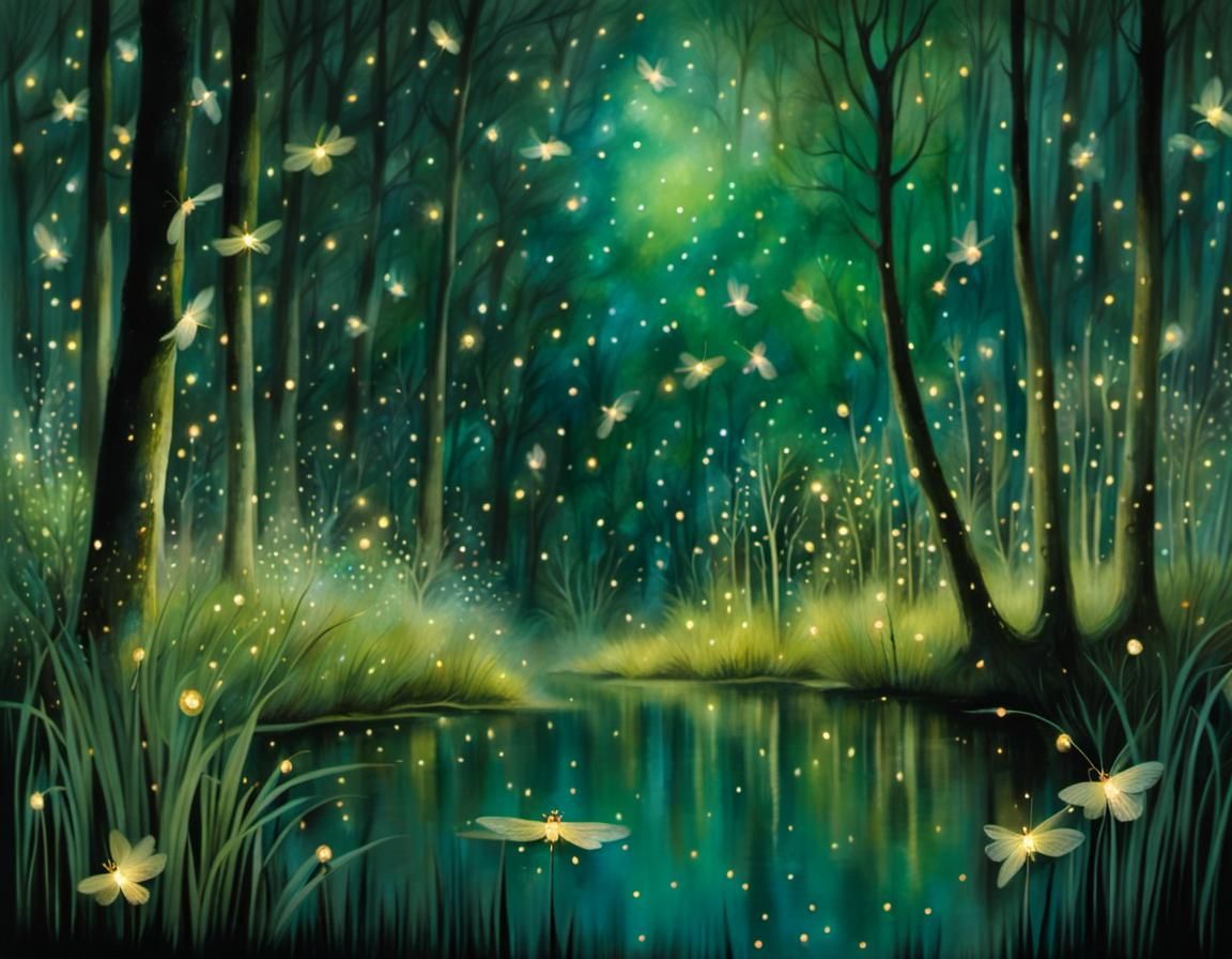 Enchanted Forest with Fireflies Dancing at Night