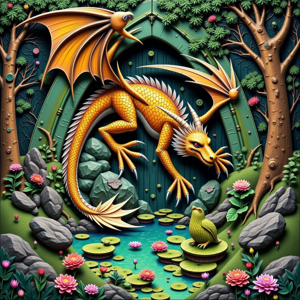 Ancient Bookshelf Portal to Lush Realm with Majestic Dragon ...