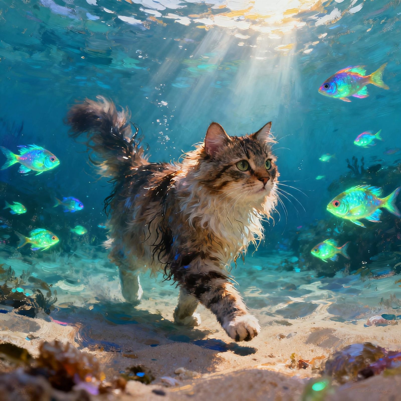 Curious Cat Explores Bioluminescent Ocean Floor in Impressio...