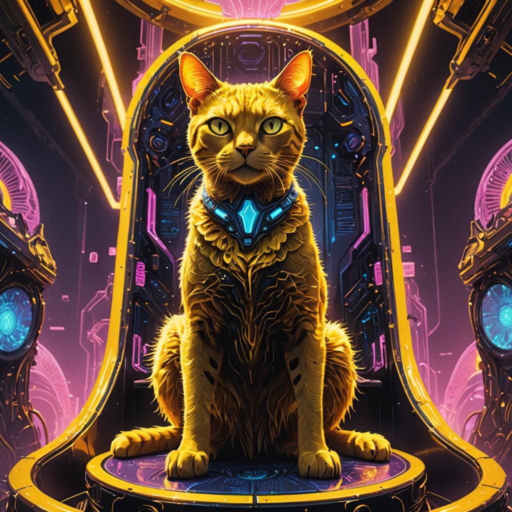 Yellow Alien Cat on Throne in Psychedelic Style