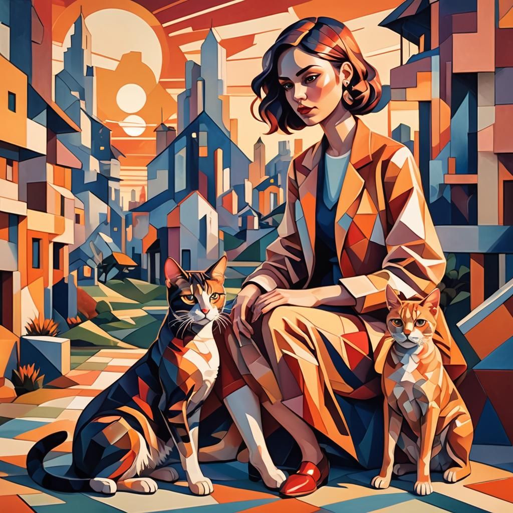 Girl with Cat and Dog at Sunset: Cubist Art Deco