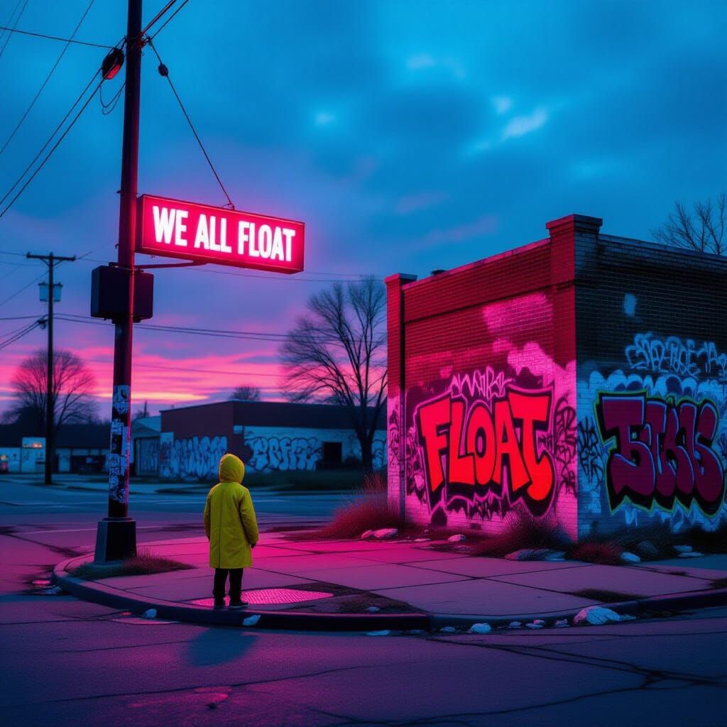 Neon Lit Abandoned Street Corner with Graffiti Art