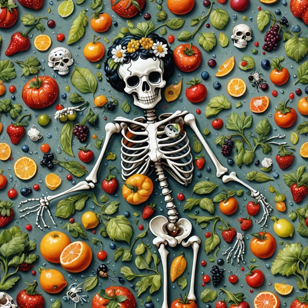 Betty Boop Skeleton Still Life, Gouache Painting