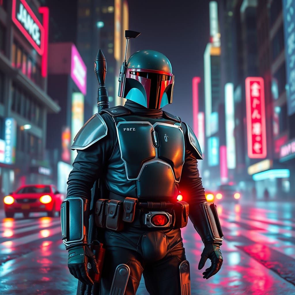 Boba Fett as Cyberpunk Power Ranger in Dystopian Cityscape