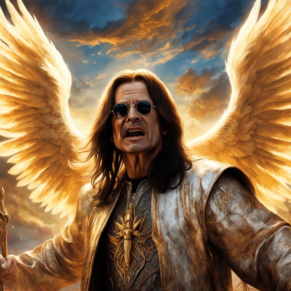 Ozzy Osbourne's Arrival in Heaven: A Cinematic Oil Painting