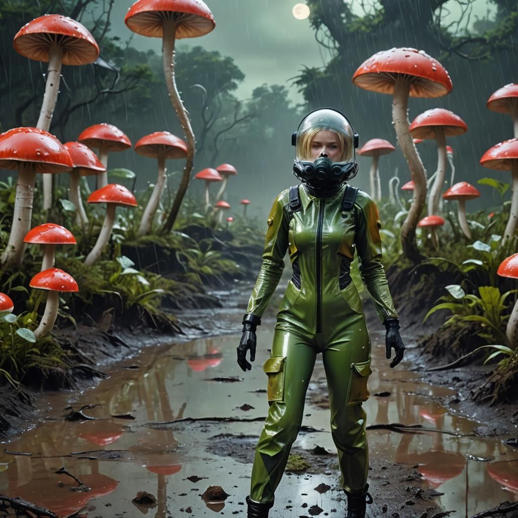 Futuristic Woman on Alien Planet in Pouring Rain