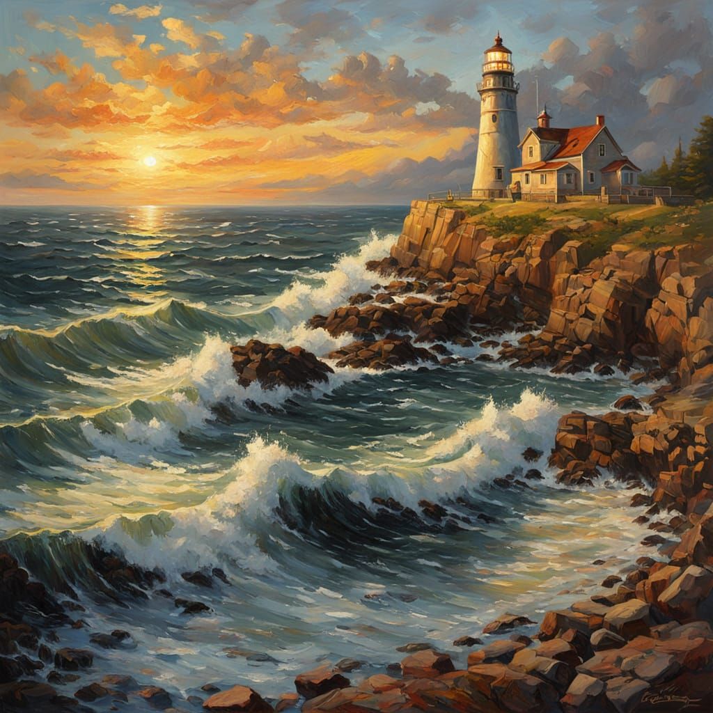 Coastal Lighthouse in Impressionist Oil Painting