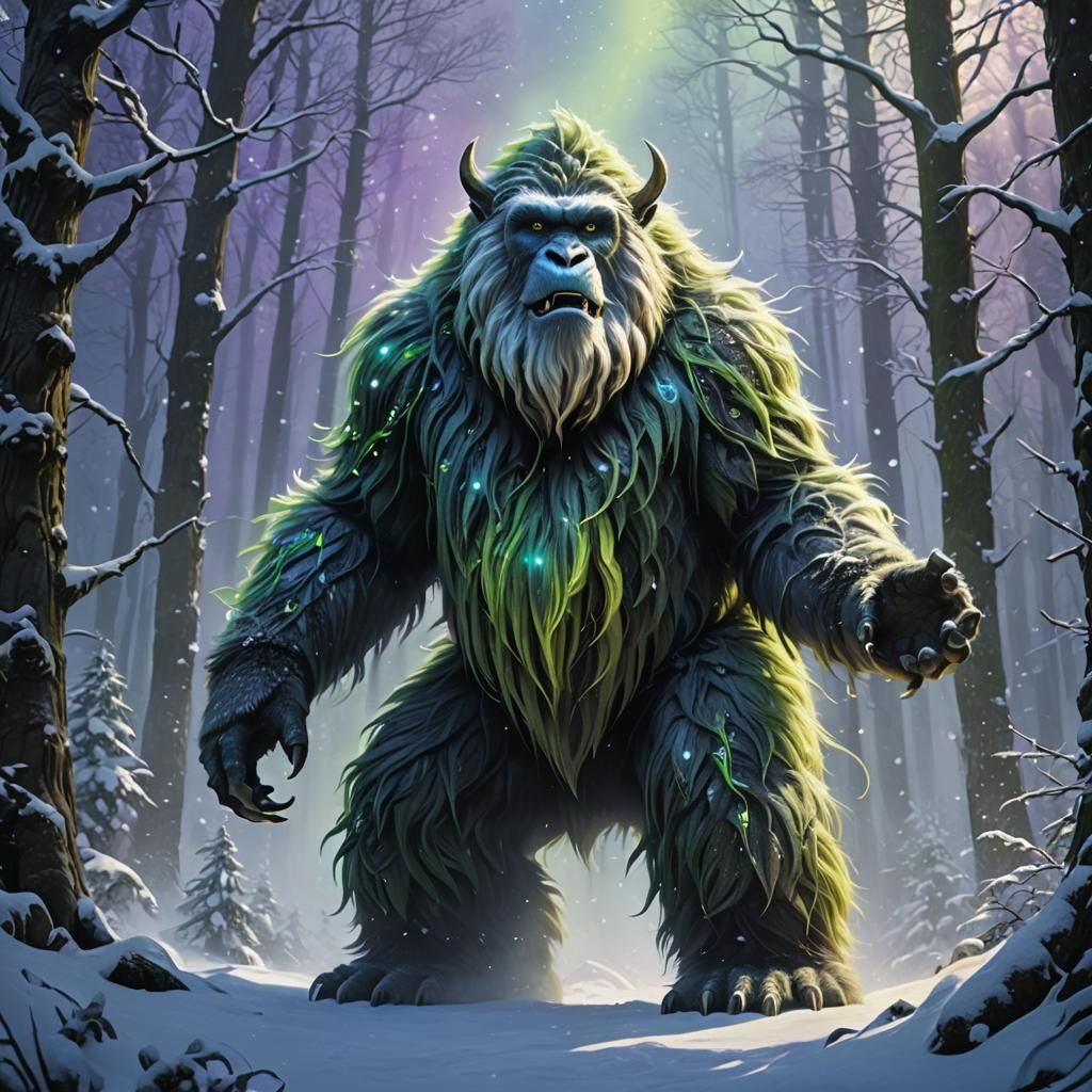 Yeti with Green Fur in Misty Forest