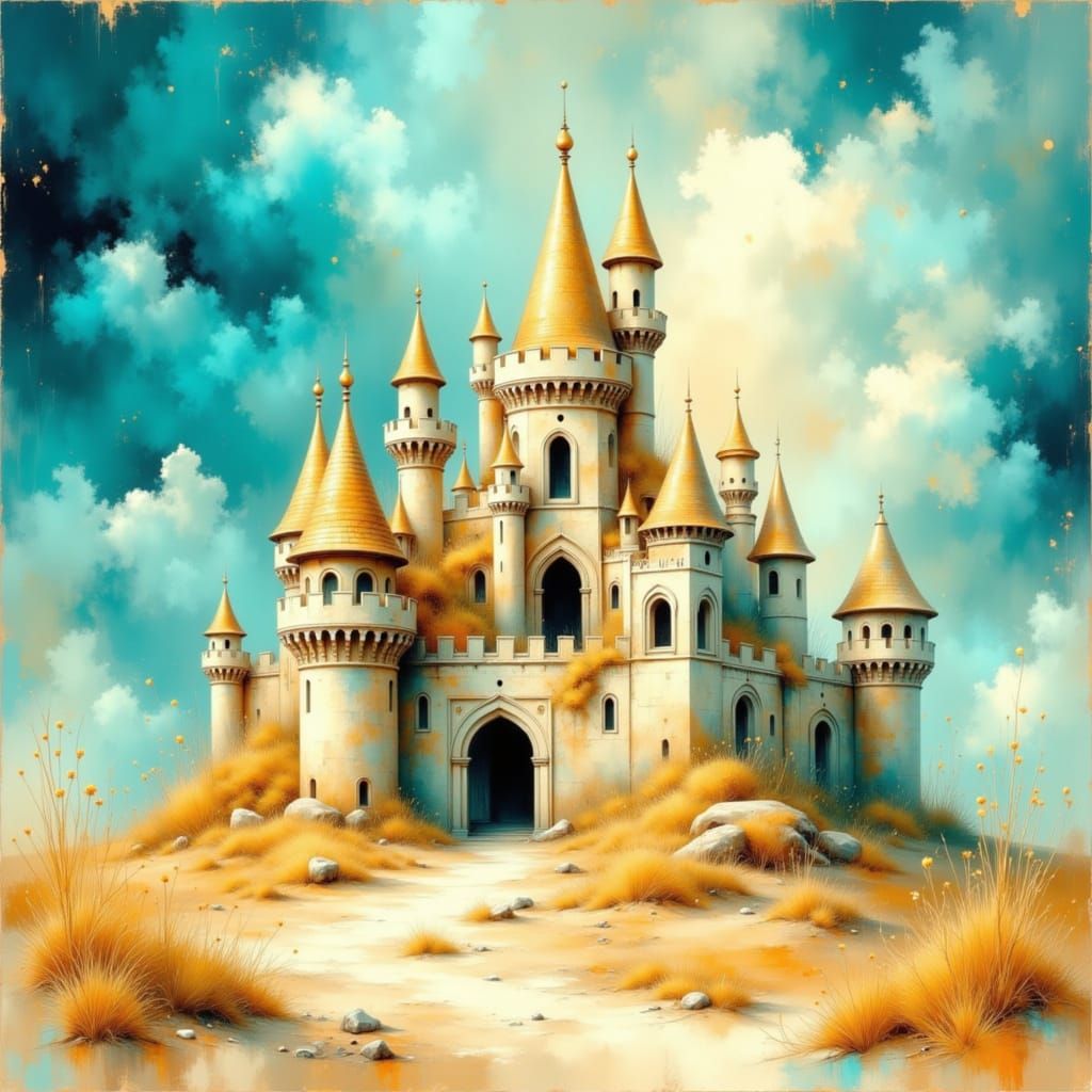 Neon Grunge Sandcastles on Aqua Beach