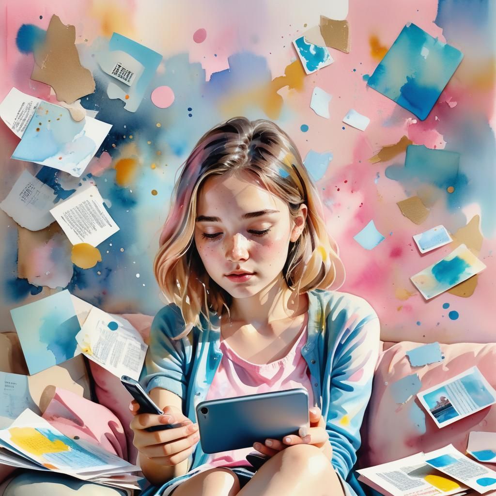 Watercolor Art of Woman Waiting for a Call