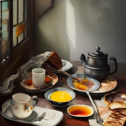 "watercolor_still_life_rough_ink_splatter_"Breakfast platter...