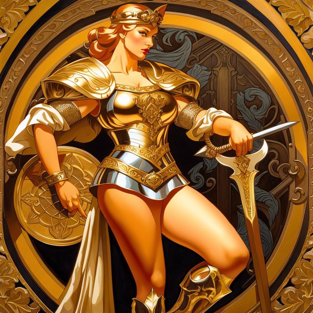Medieval Warrior Woman in Leyendecker Retro Style