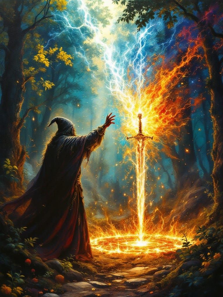 Ethereal Fantasy Wizard Conjures Elemental Sword in Sunset F...
