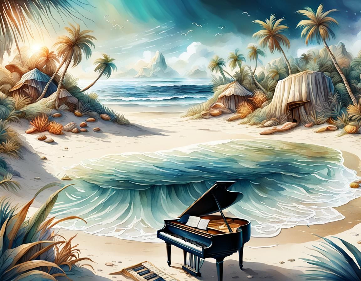 Paradise Beach Illustration with Piano in Watercolor Style