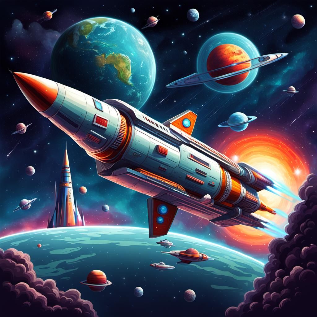 Retrofuturistic, cosmic, rocketship