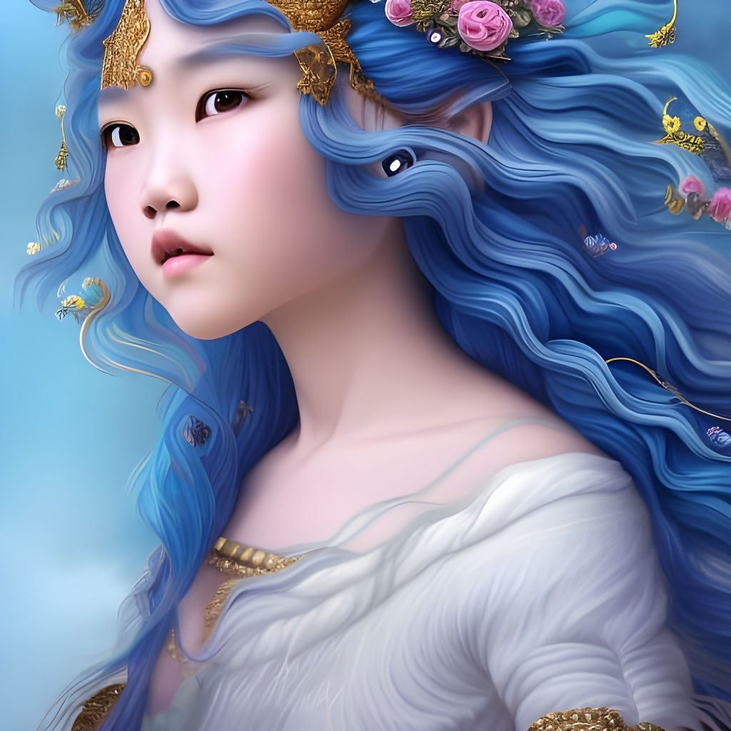 Hmong Girl with Blue Hair in Art Nouveau Style