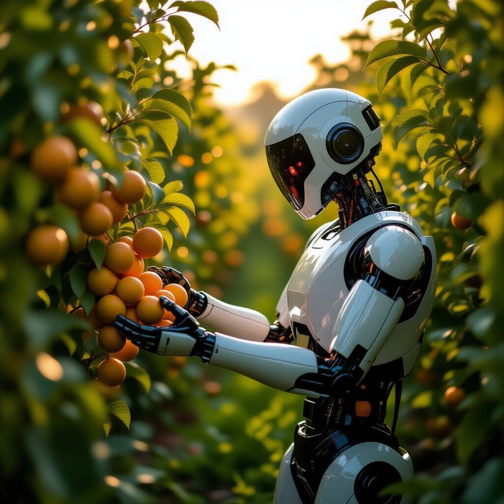 AI Robot Harvests Fruit in Cinematic Orchard