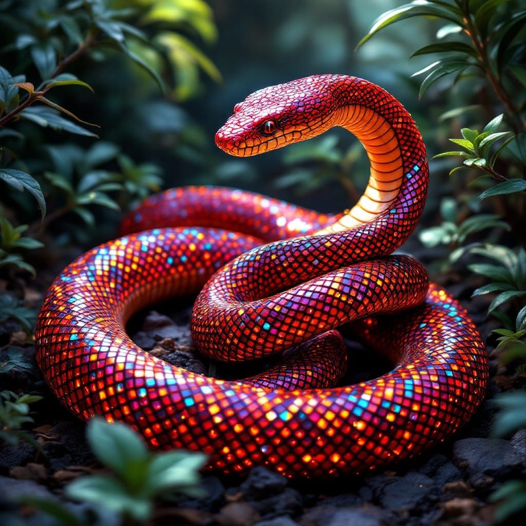 Vibrant Ruby Snakes in Lush Jungle, Iridescent Scales