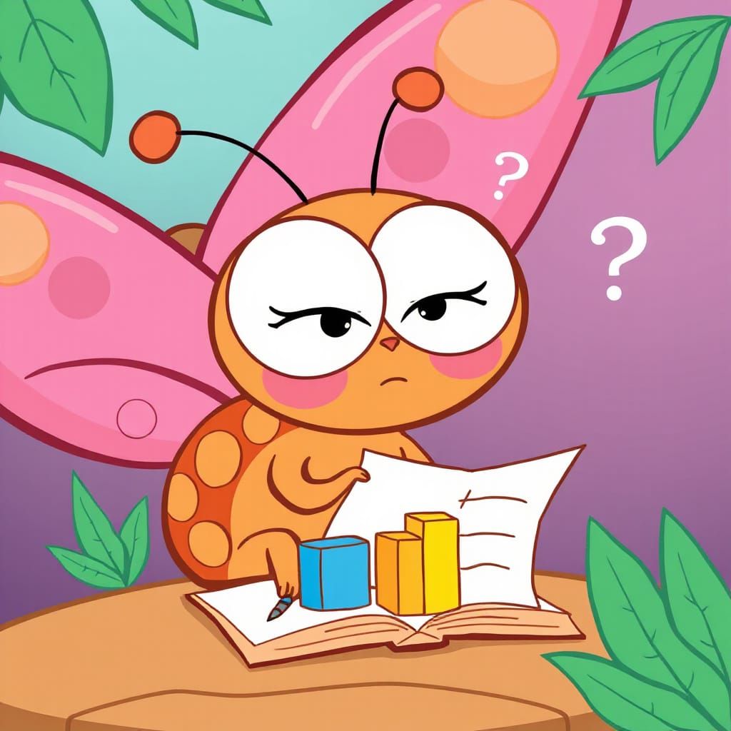 Confused Butterfly Studies Statistics in Cartoon Style