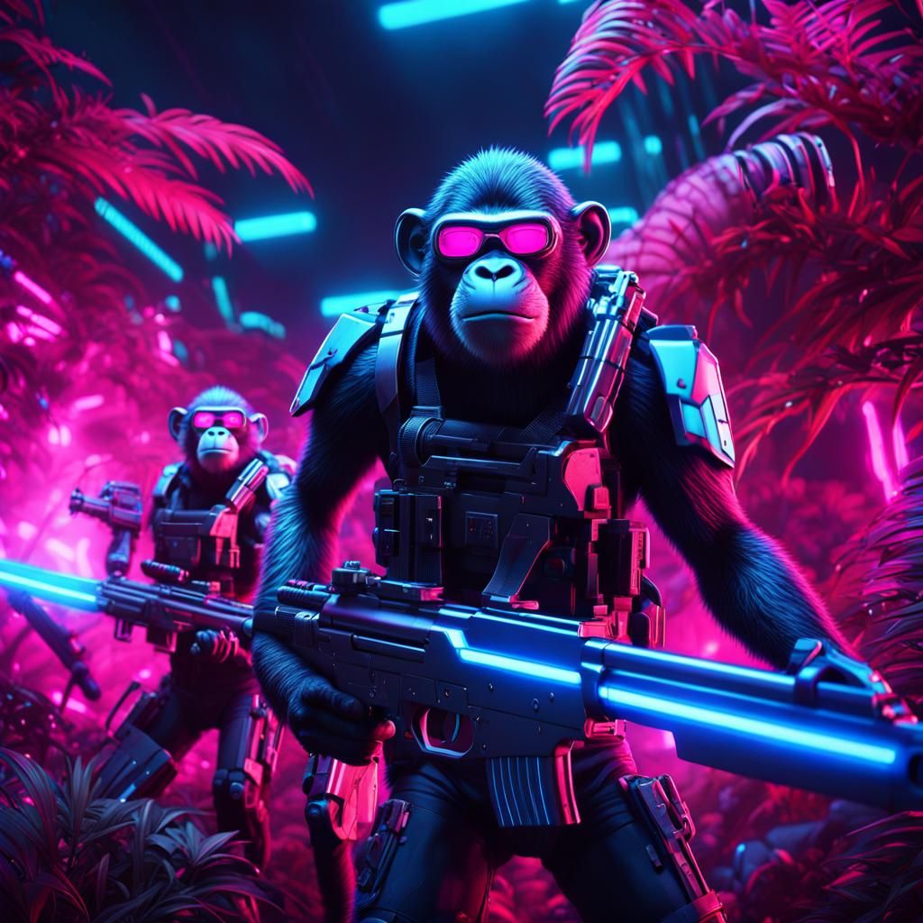 Mutant Monkeys in Jungle with Sci-Fi Guns: 3D Anime Art
